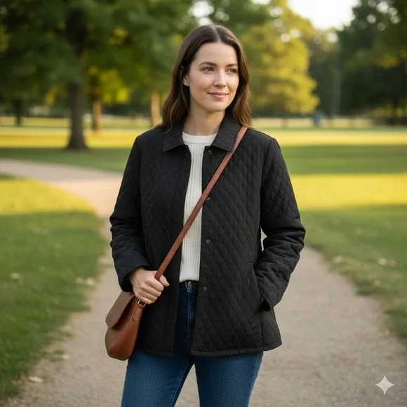 Vintage 90s Quilted Jacket Black Button Front Collared Womens Size 12 Streetwear - Picture 1 of 6